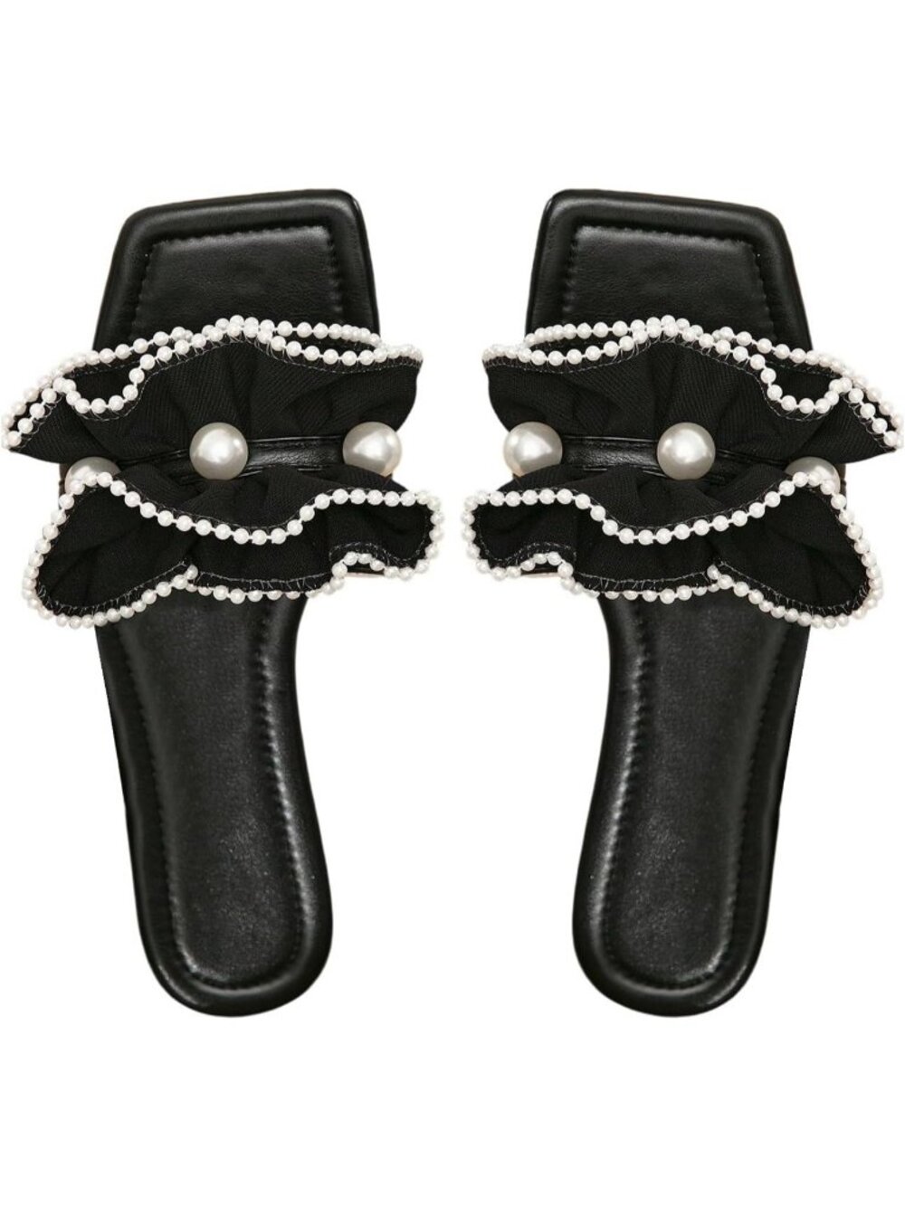 Women's Black Summer Ruffle Pearl Wedding Square Toe Slip on Slides Flat Slipper
